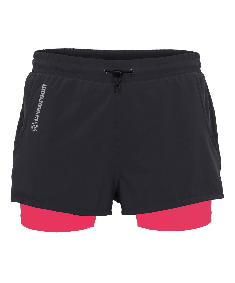The 2 - in - 1 Trail Run Short 5" (Women's) - Crewroom - XS - Black Hi Viz Pink